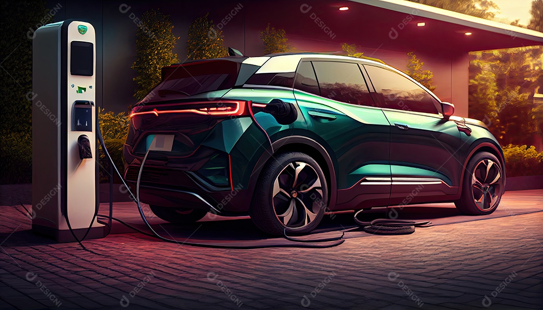 Carro elétrico EV conectado carregando na estação autônoma.