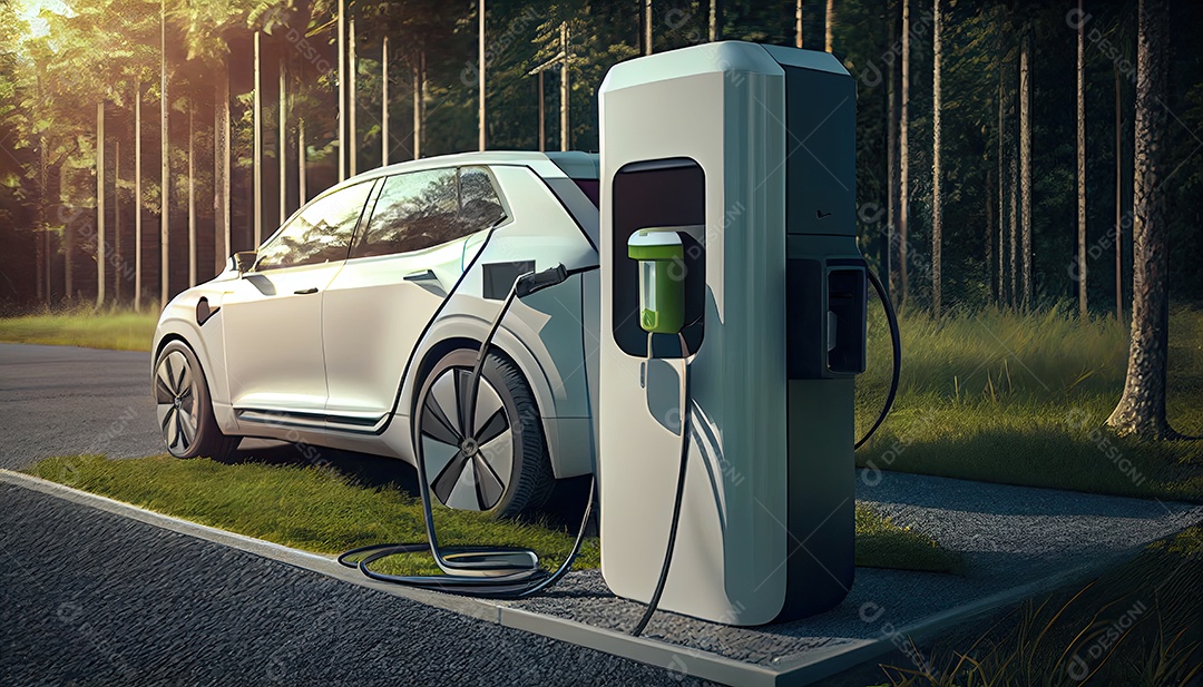 Carro elétrico EV conectado carregando na estação autônoma.