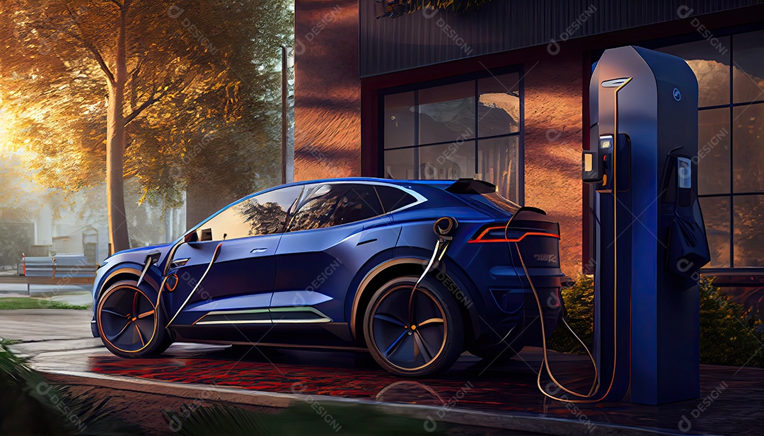 Carro elétrico EV conectado carregando na estação autônoma.