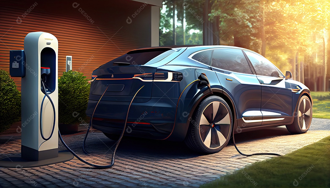 Carro elétrico EV conectado carregando na estação autônoma.