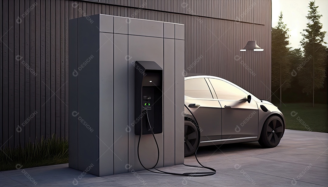 Carro elétrico EV conectado carregando na estação autônoma.