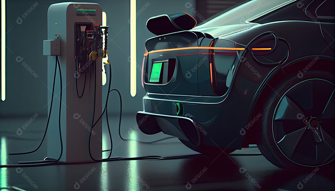 Carro elétrico EV conectado carregando na estação autônoma.