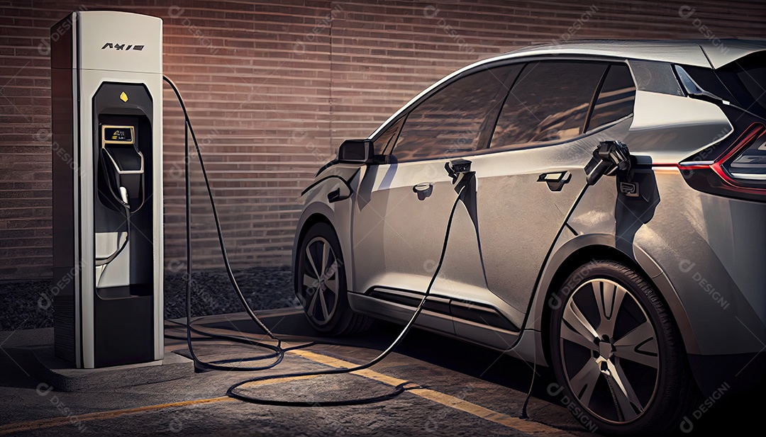 Carro elétrico EV conectado carregando na estação autônoma.
