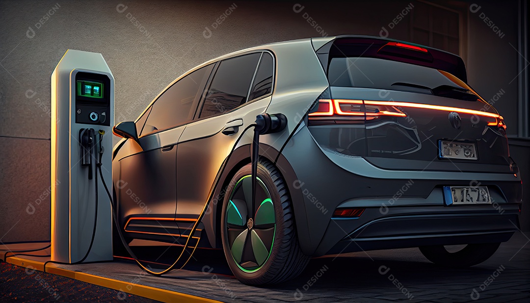 Carro elétrico EV conectado carregando na estação autônoma.