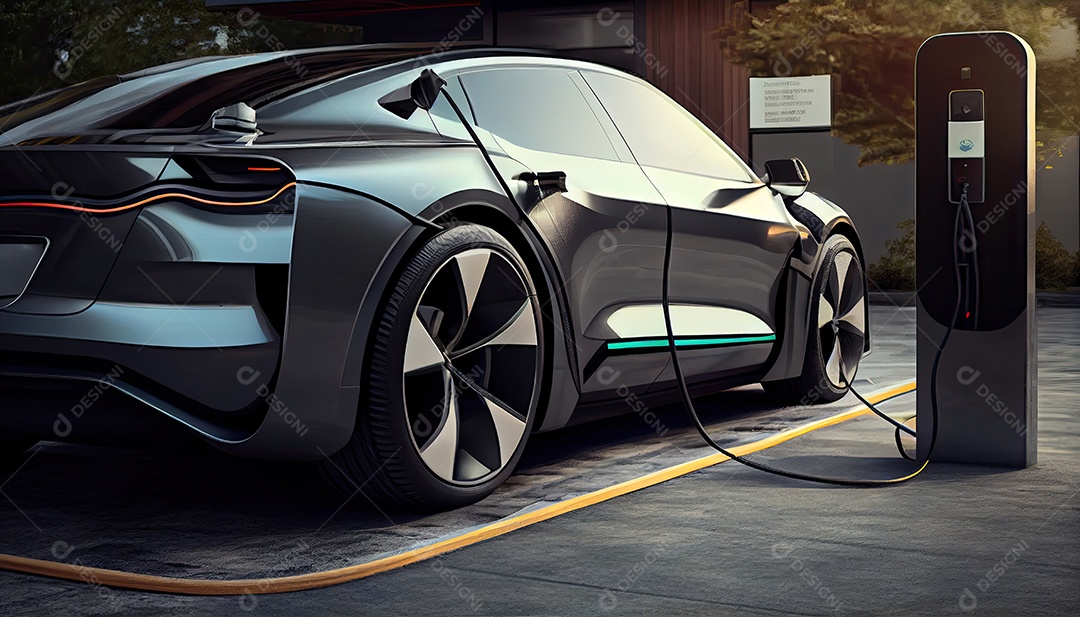 Carro elétrico EV conectado carregando na estação autônoma.
