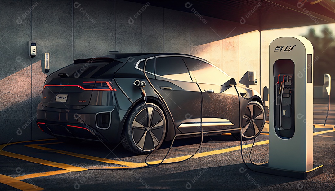 Carro elétrico EV conectado carregando na estação autônoma.