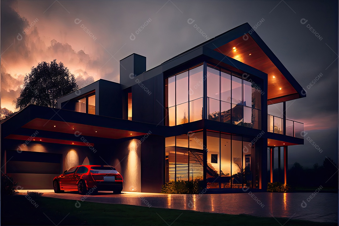 Vista noturna de uma luxuosa casa moderna.