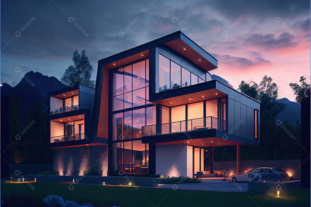 Vista noturna de uma luxuosa casa moderna.