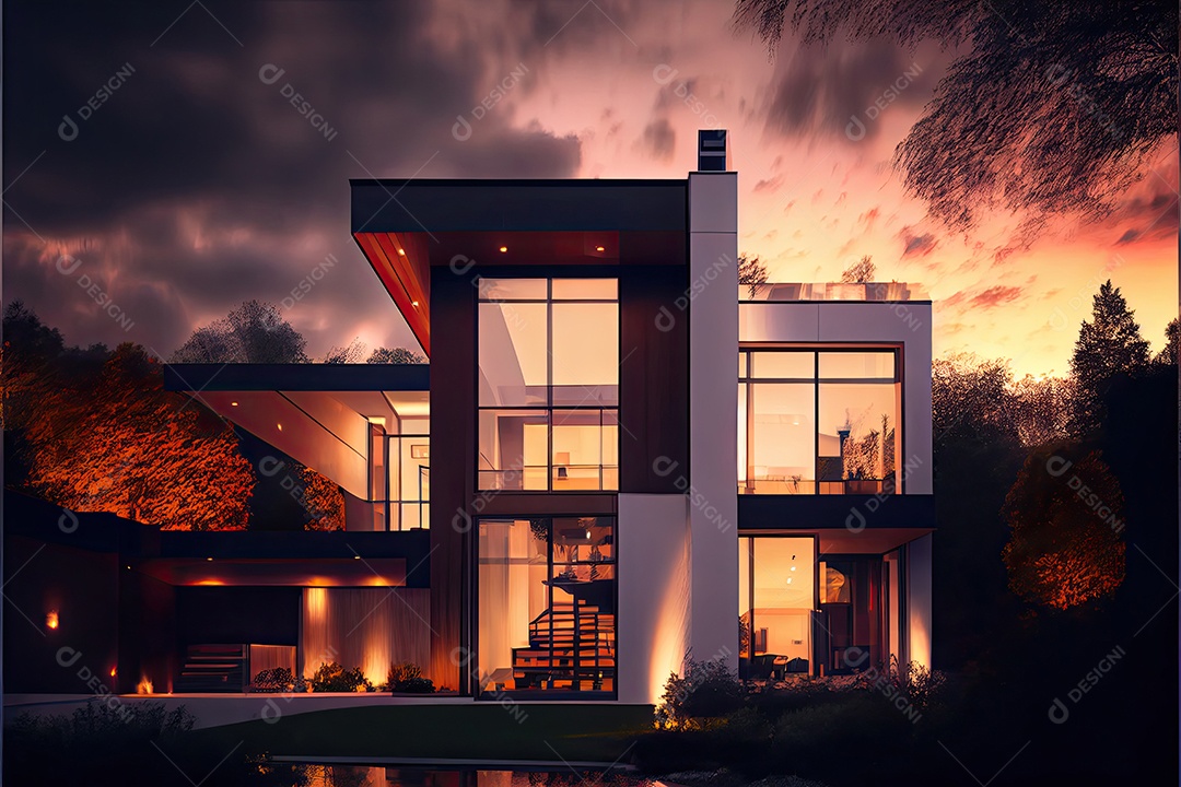 Vista noturna de uma luxuosa casa moderna.