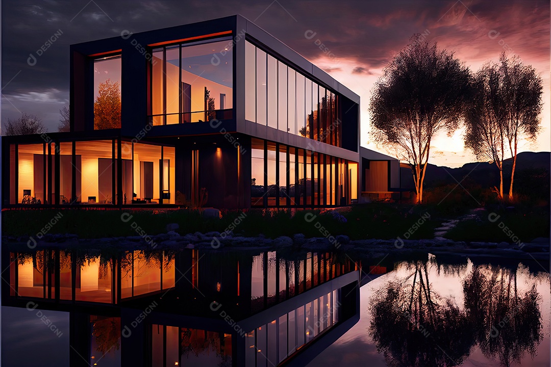 Vista noturna de uma luxuosa casa moderna.
