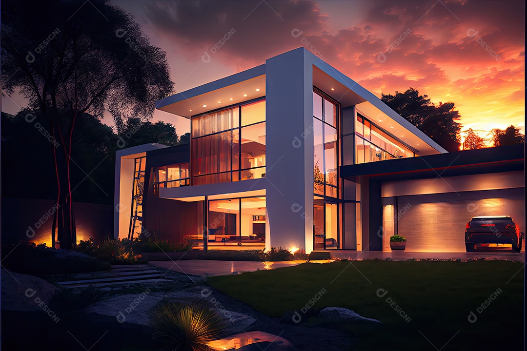 Vista noturna de uma luxuosa casa moderna.