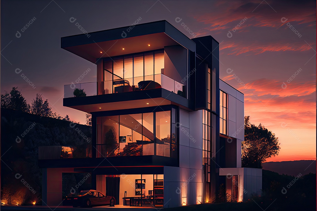 Vista noturna de uma luxuosa casa moderna.