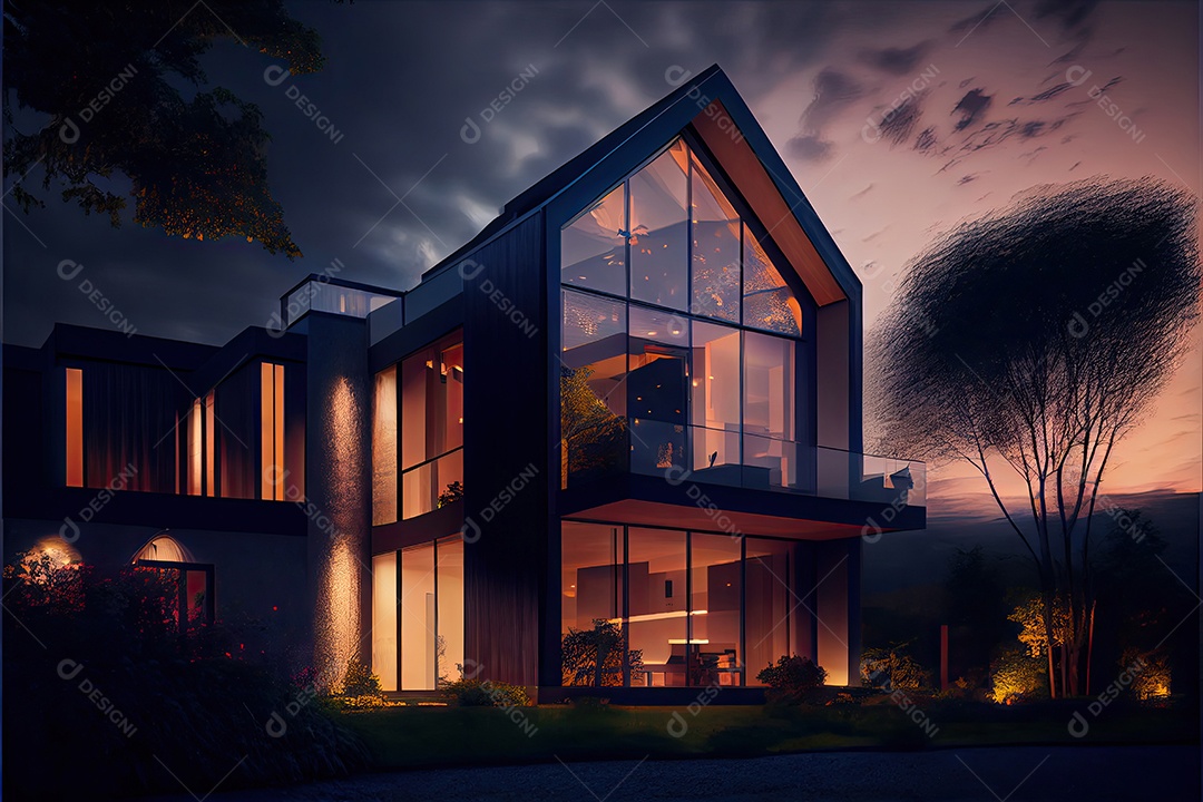 Vista noturna de uma luxuosa casa moderna.