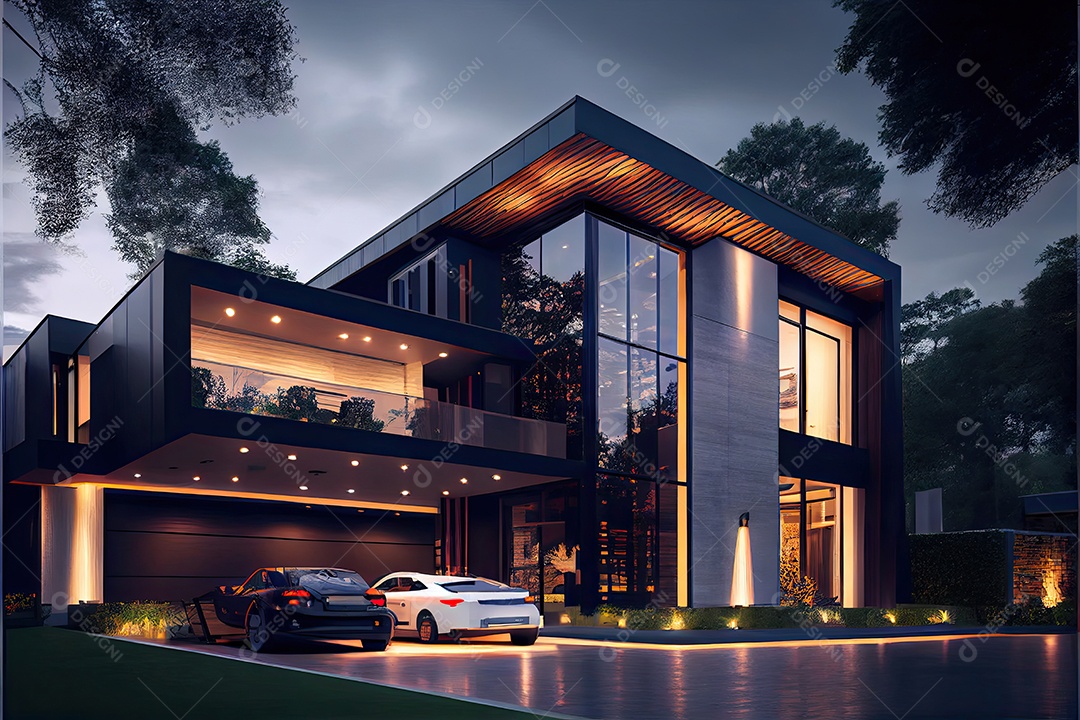 Vista noturna de uma luxuosa casa moderna.