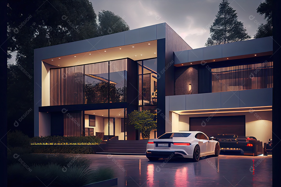 Vista noturna de uma luxuosa casa moderna.