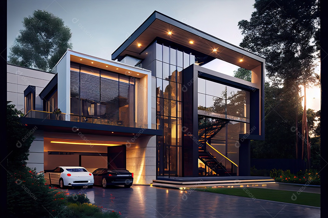 Vista noturna de uma luxuosa casa moderna.