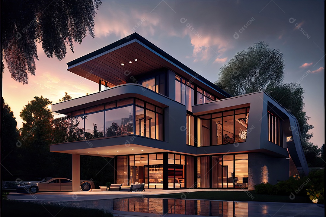 Vista noturna de uma luxuosa casa moderna.