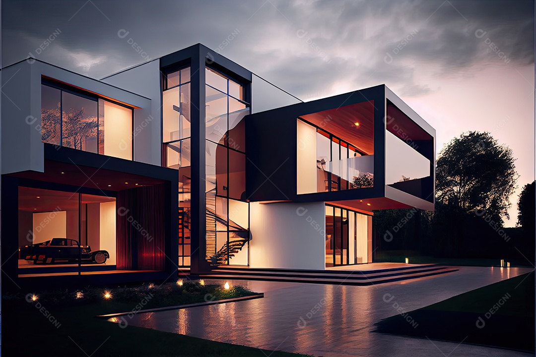 Vista noturna de uma luxuosa casa moderna.