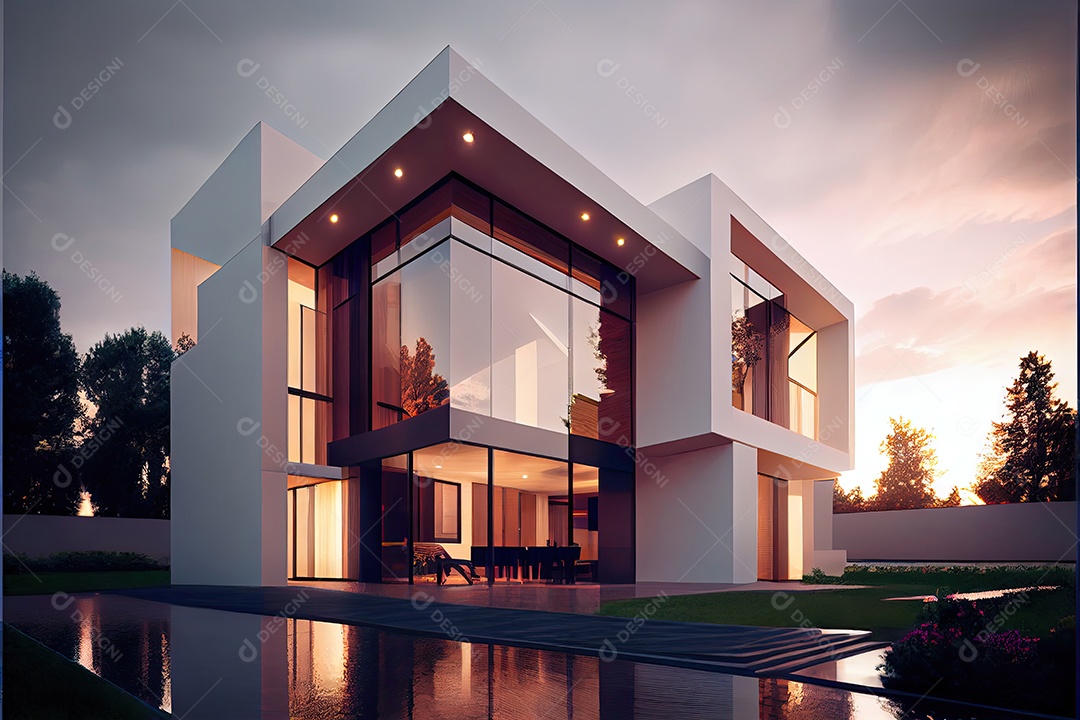 Vista noturna de uma luxuosa casa moderna.