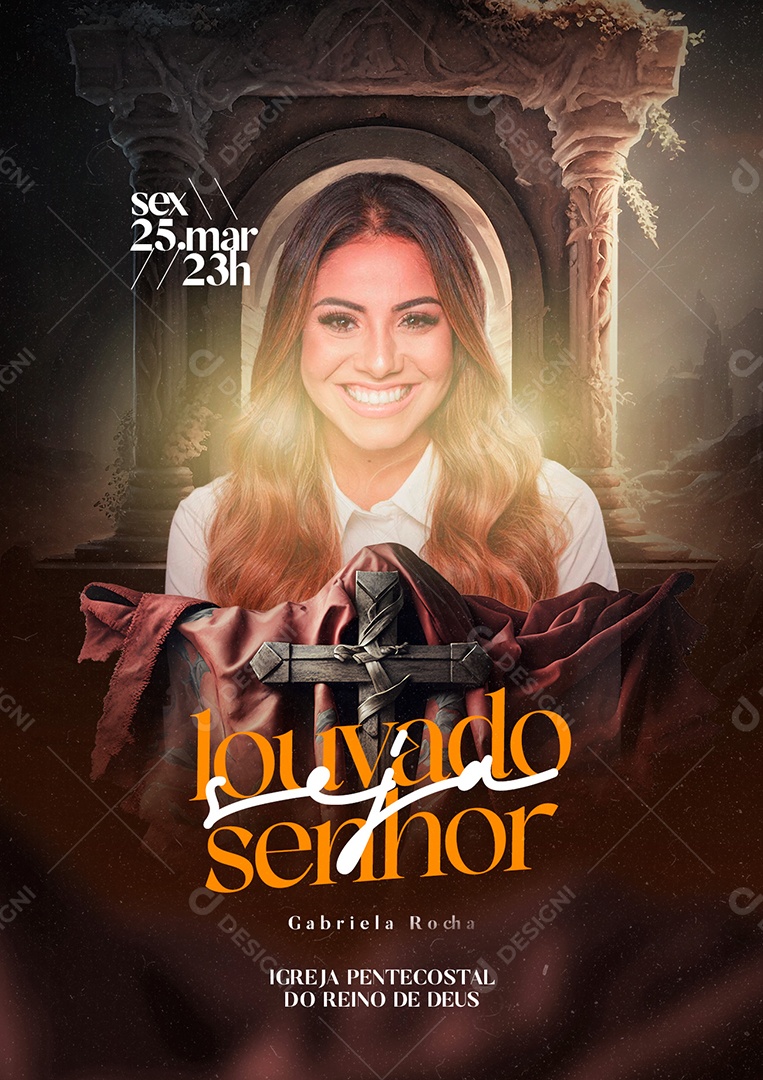 Louvado Seja Senhor Igreja Pentecostal Gabriela Rocha Flyer Gospel Social Media PSD Editável