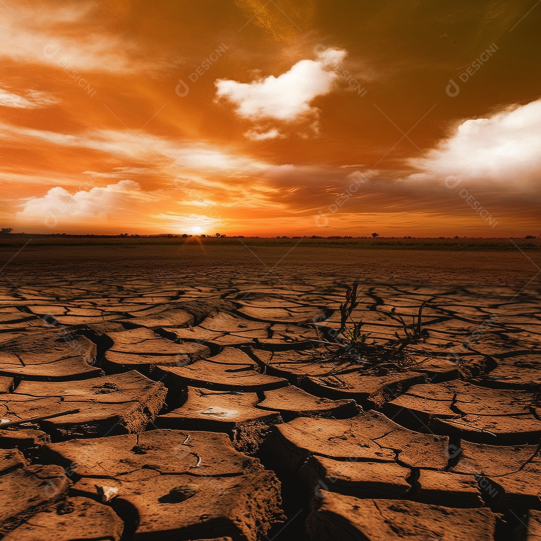 Pôr do sol e um solo rachado