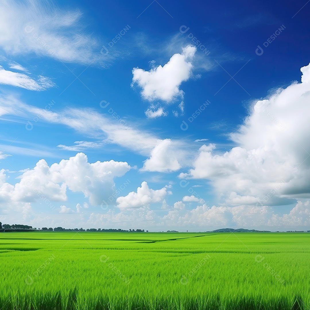 Grande campo de arroz verde com céu azul