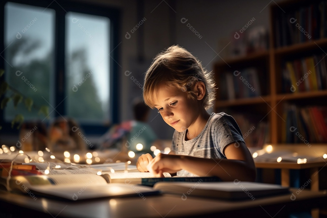 Menino sorridente lendo livro