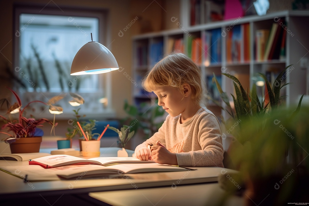 Menino estudando na biblioteca da escola