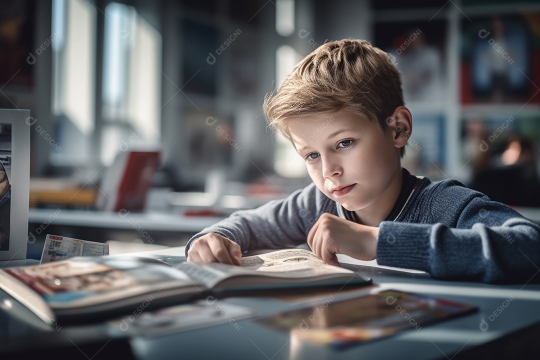 Menina estudando na biblioteca da escola