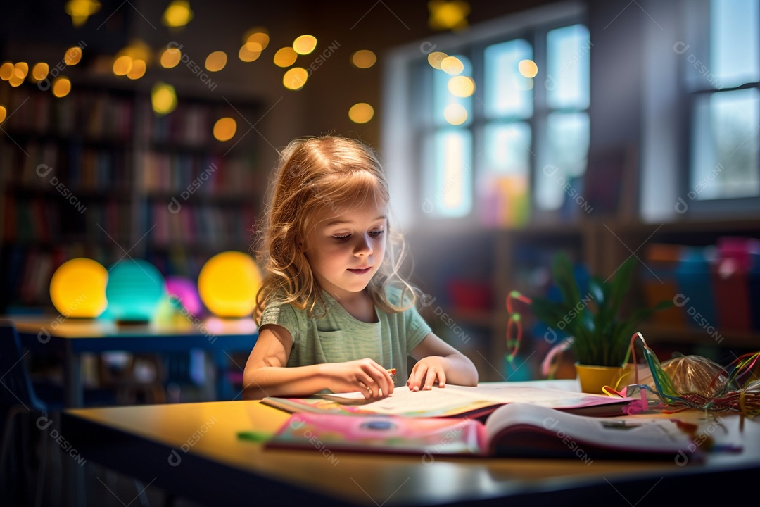 Menina estudando na biblioteca da escola