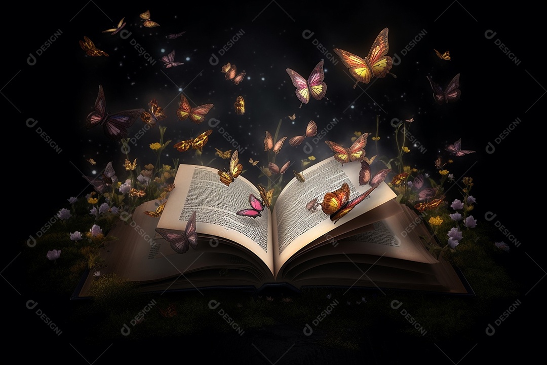 Livro aberto com borboletas voando