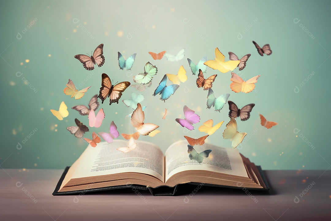 Livro aberto com borboletas voando
