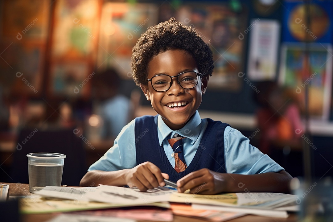 Garoto feliz estudando na escola