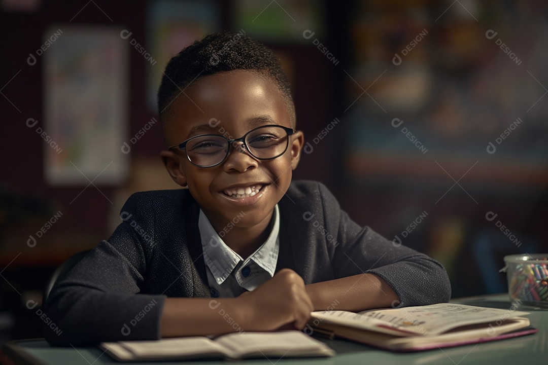 Garoto feliz estudando na escola