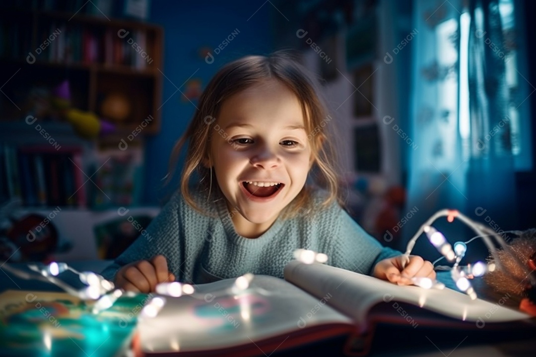 Linda menina sentada lendo livro