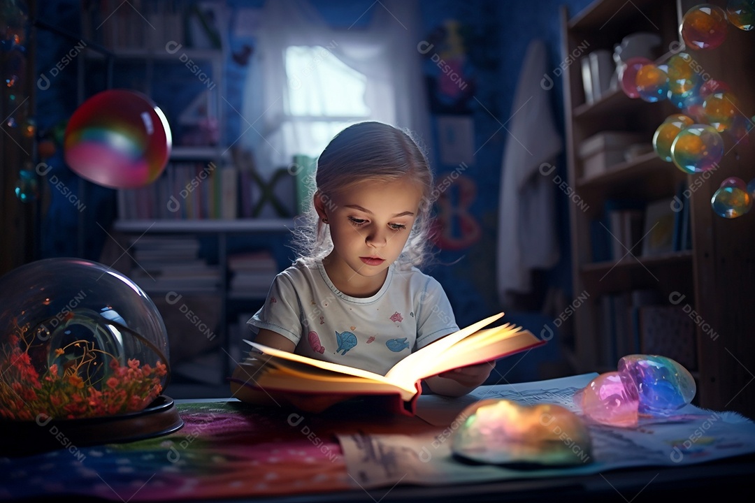 Linda menina sentada lendo livro