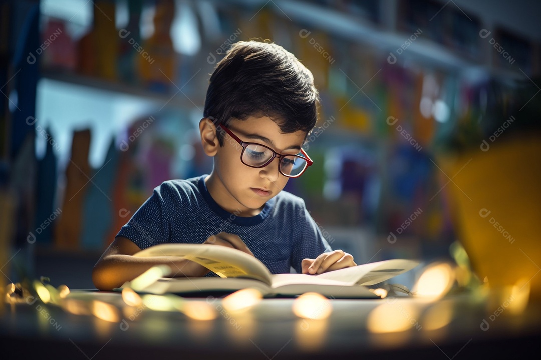 Garoto estudando na biblioteca