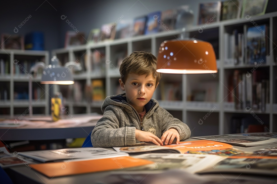 Garoto estudando na biblioteca