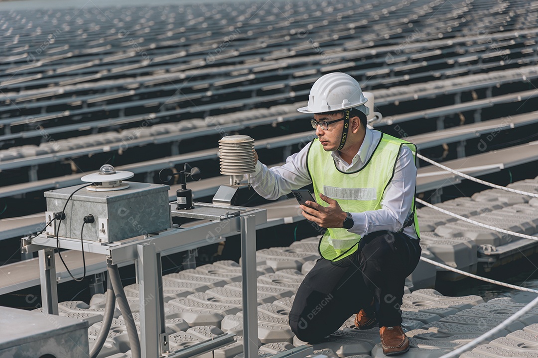 Homem profissional de placas fotovoltaicas com capacete de segurança
