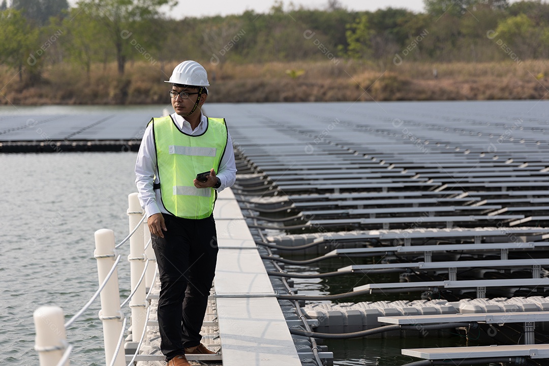 Homem profissional de placas fotovoltaicas com capacete de segurança