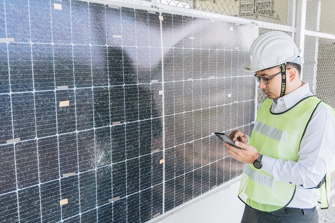 Homem profissional de placas fotovoltaicas com capacete de segurança