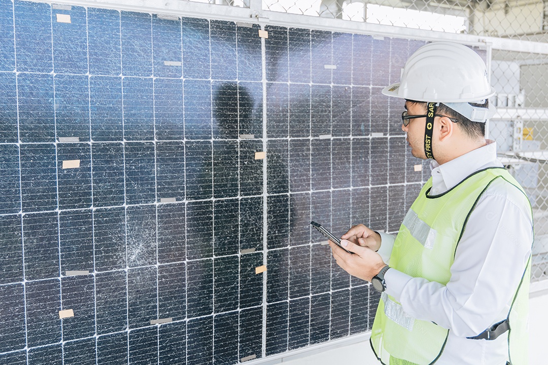 Homem profissional de placas fotovoltaicas com capacete de segurança
