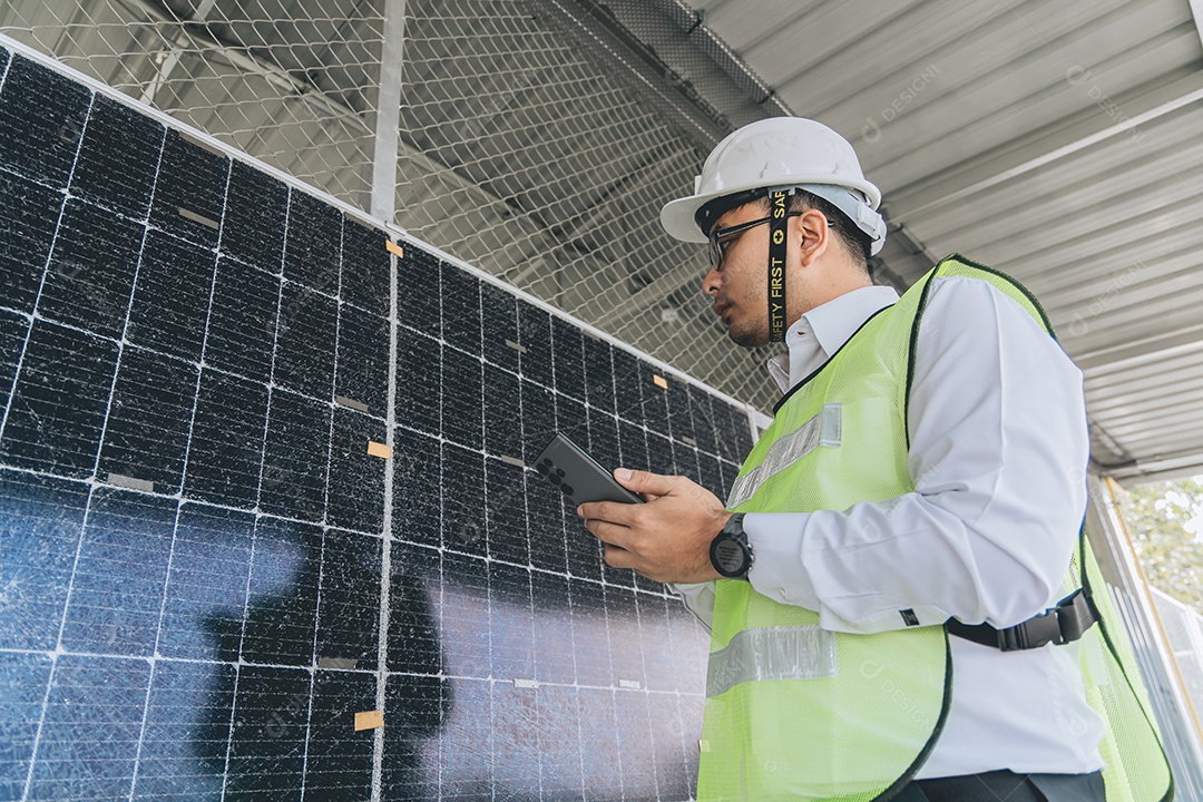 Homem profissional de placas fotovoltaicas com capacete de segurança