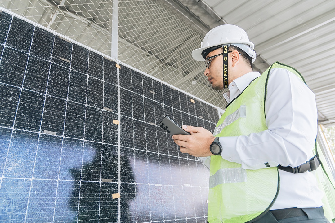 Homem profissional de placas fotovoltaicas com capacete de segurança