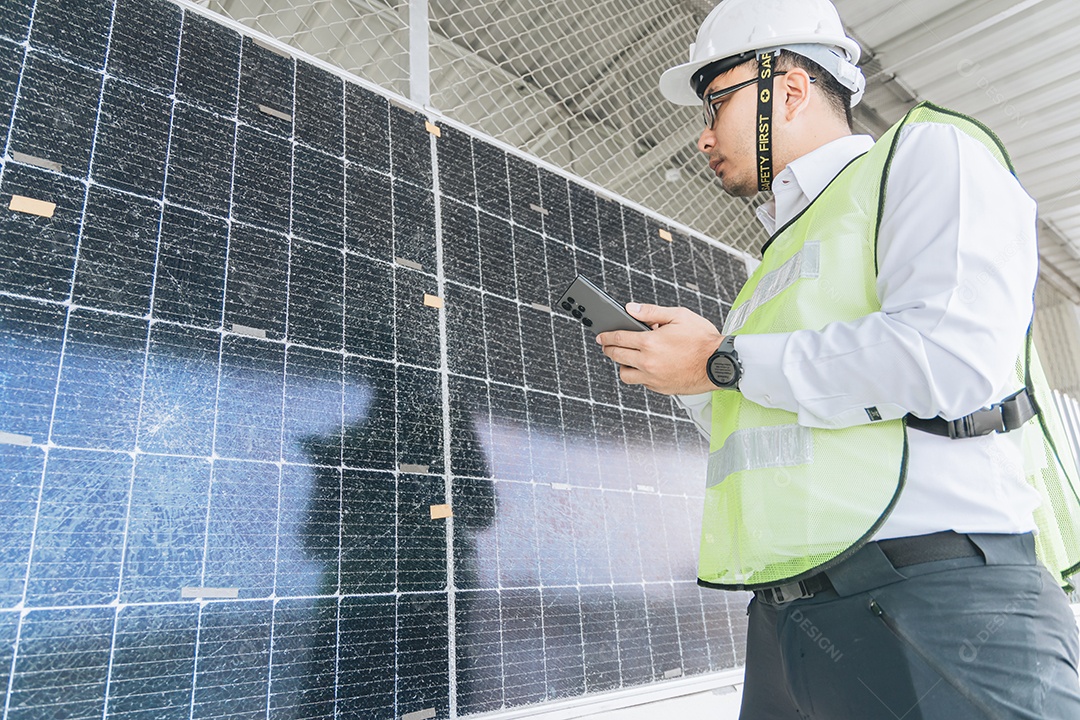 Homem profissional de placas fotovoltaicas com capacete de segurança