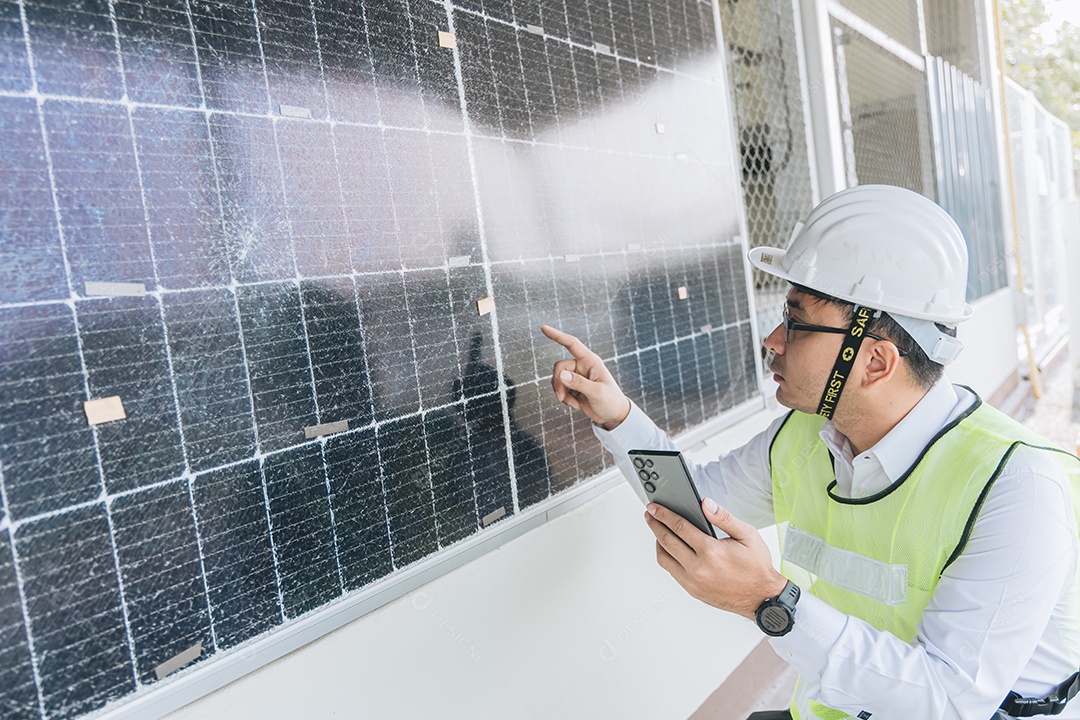 Homem profissional de placas fotovoltaicas com capacete de segurança