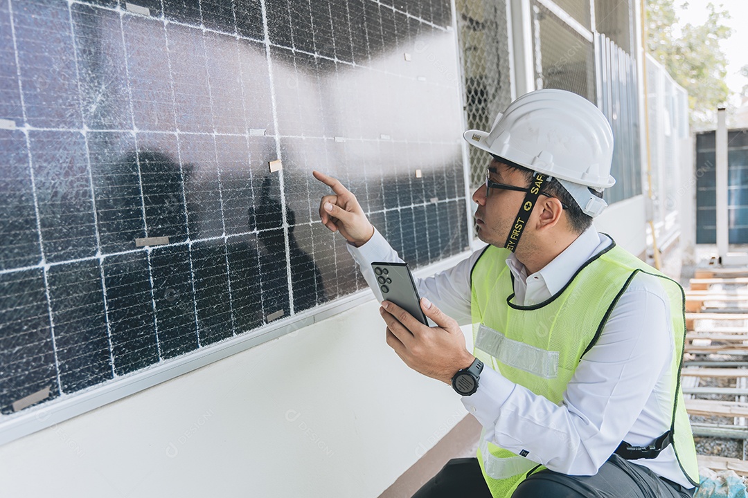 Homem profissional de placas fotovoltaicas com capacete de segurança
