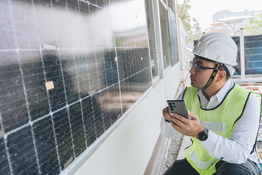 Homem profissional de placas fotovoltaicas com capacete de segurança