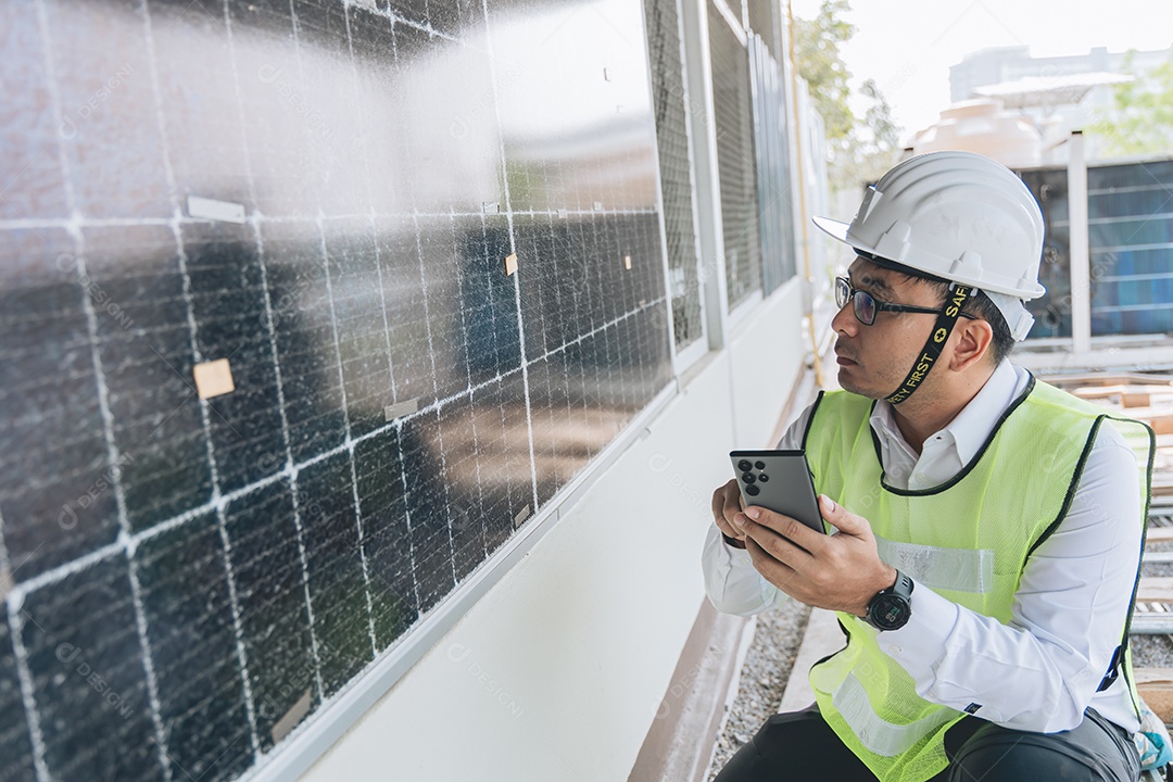 Homem profissional de placas fotovoltaicas com capacete de segurança