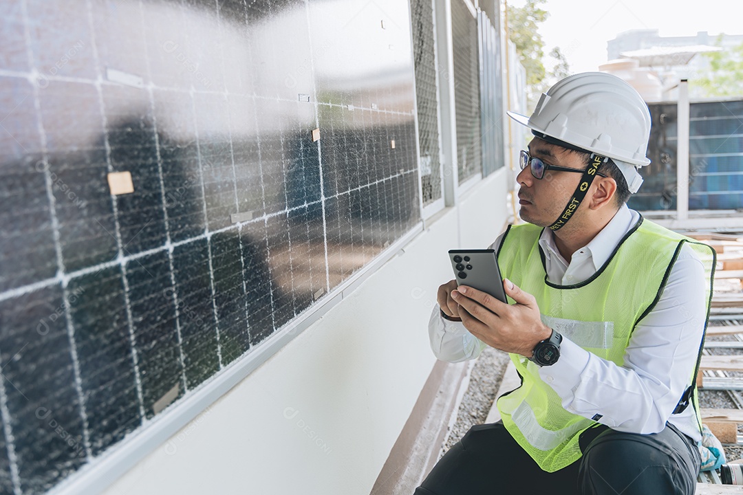 Homem profissional de placas fotovoltaicas com capacete de segurança